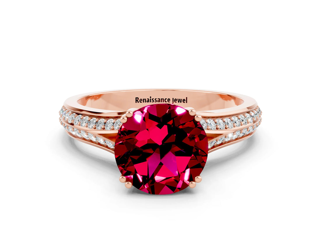 Rose gold Round Cut Garnet Split Shank Engagement Ring with Pavé Band