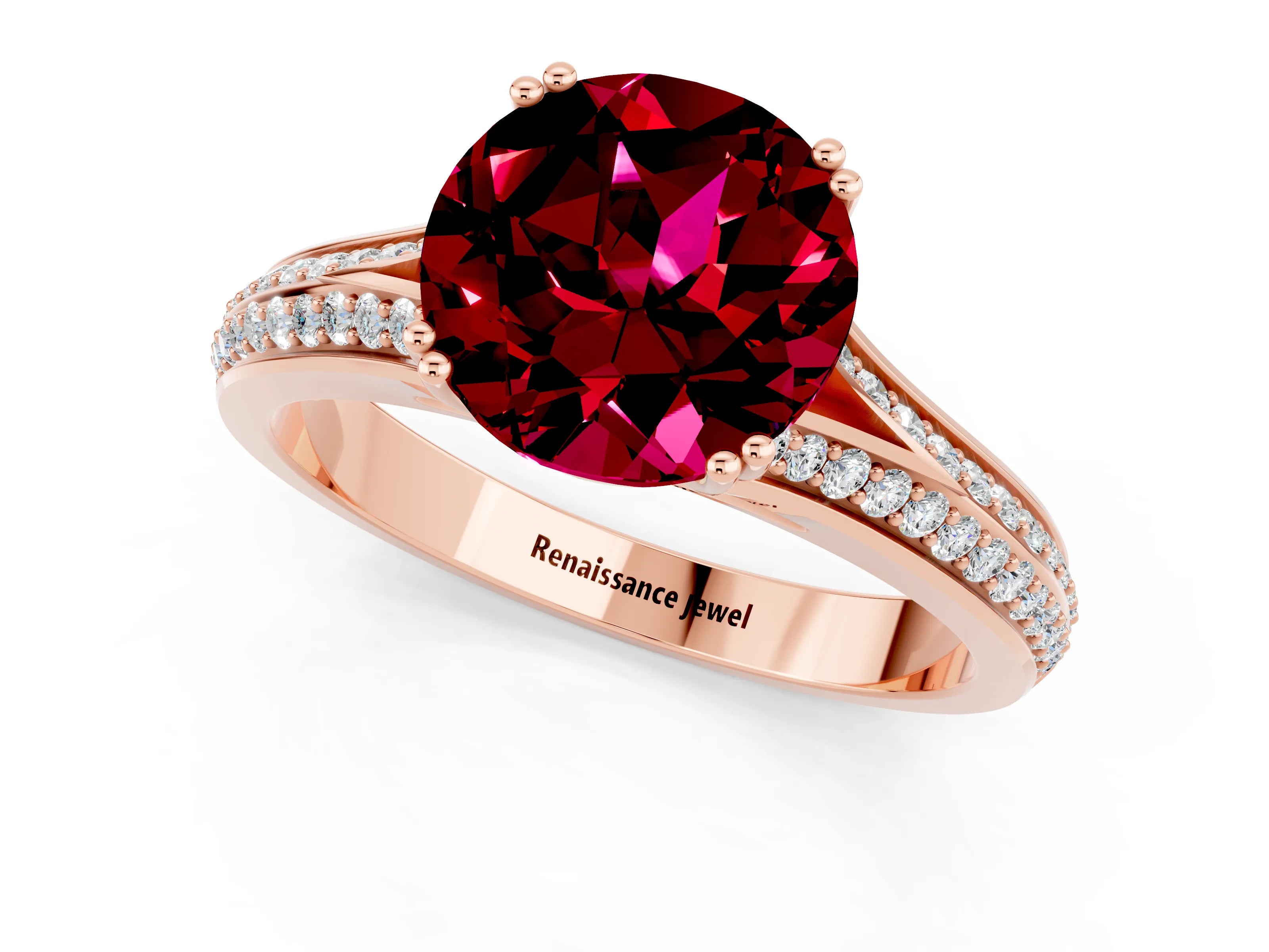 Rose gold Round Cut Garnet Split Shank Engagement Ring with Pavé Band_1