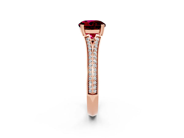 Rose gold Round Cut Garnet Split Shank Engagement Ring with Pavé Band