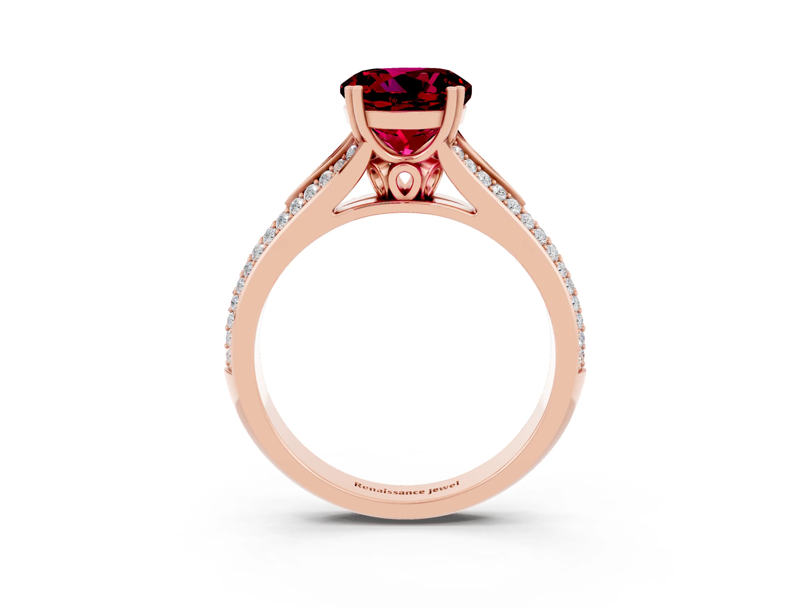 Rose gold Round Cut Garnet Split Shank Engagement Ring with Pavé Band_3