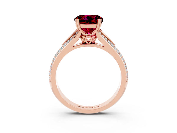 Rose gold Round Cut Garnet Split Shank Engagement Ring with Pavé Band