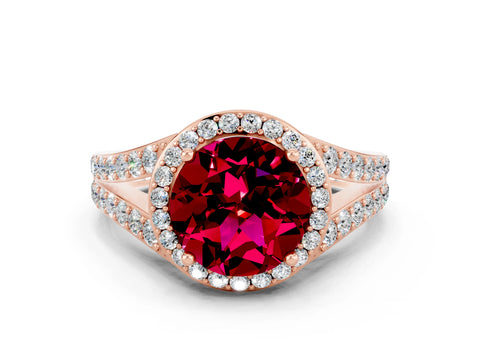Rose gold Round Cut Garnet Split Shank Halo Ring with Four-Prong Setting_12