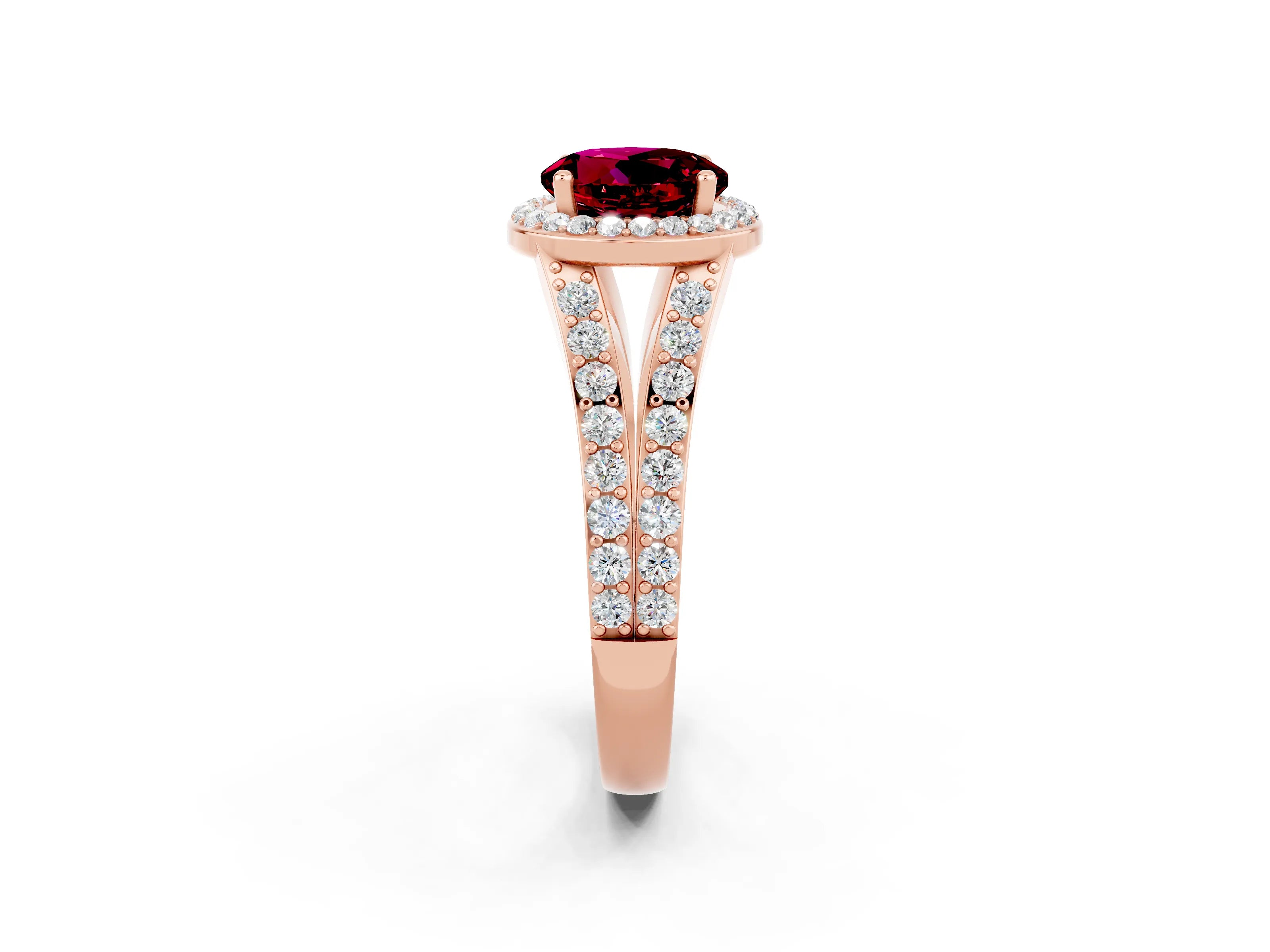 Rose gold Round Cut Garnet Split Shank Halo Ring with Four-Prong Setting_14