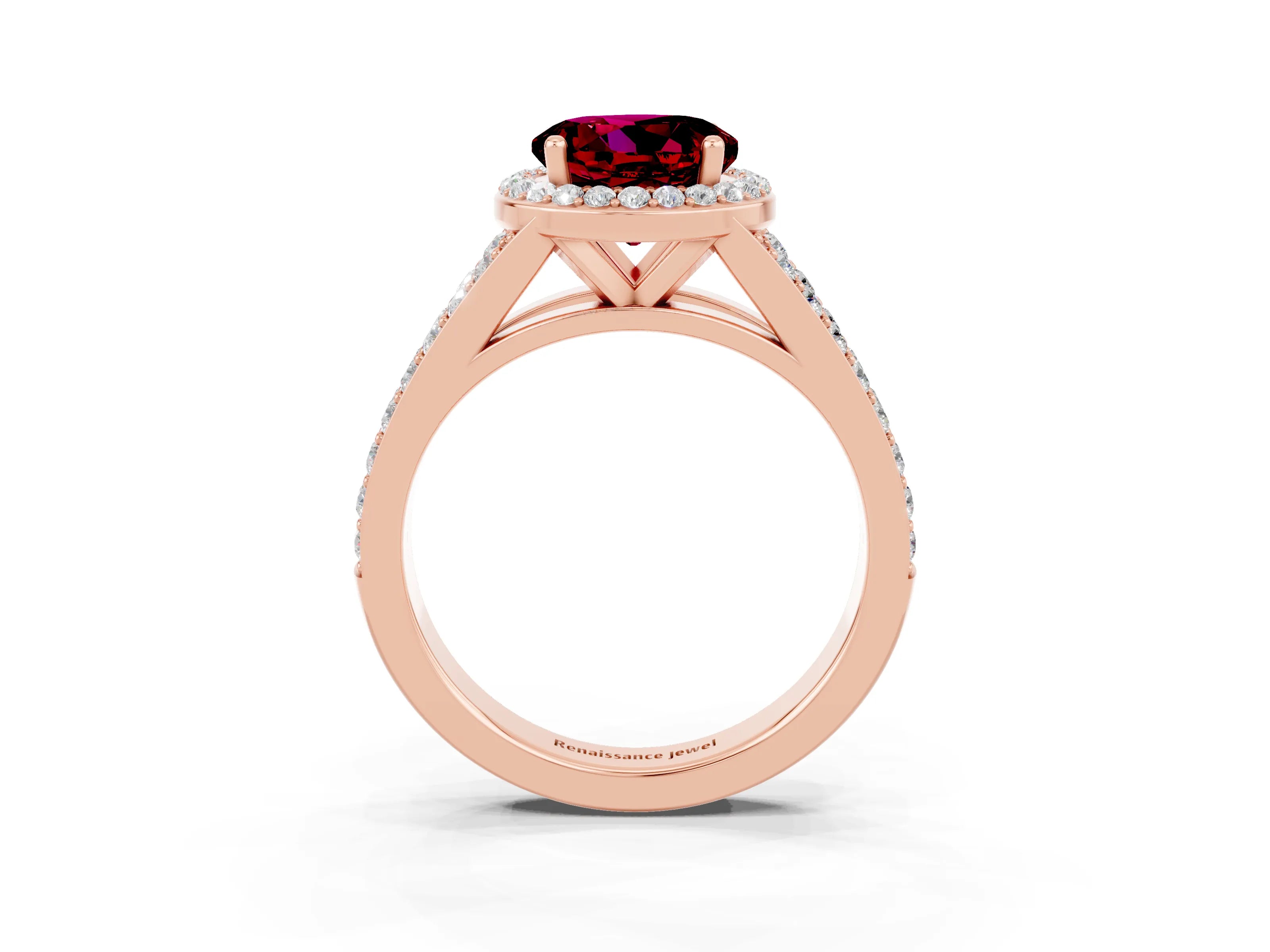 Rose gold Round Cut Garnet Split Shank Halo Ring with Four-Prong Setting_15