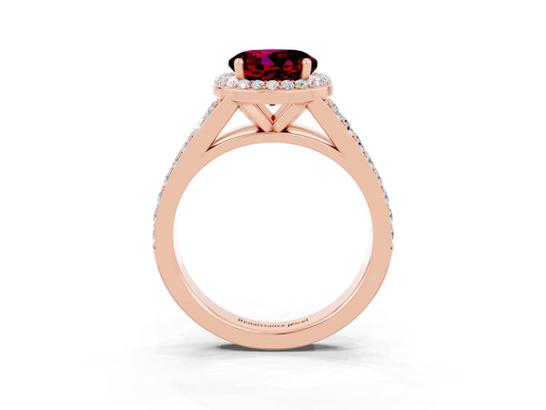 Rose gold Round Cut Garnet Split Shank Halo Ring with Four-Prong Setting