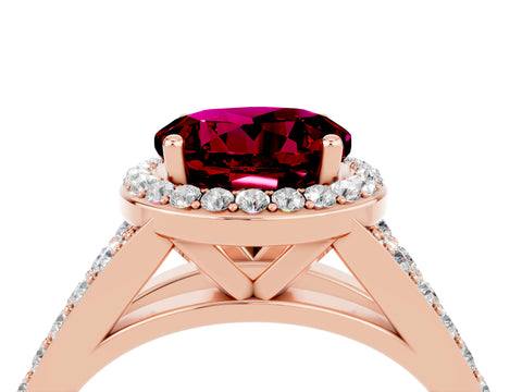 Rose gold Round Cut Garnet Split Shank Halo Ring with Four-Prong Setting_16