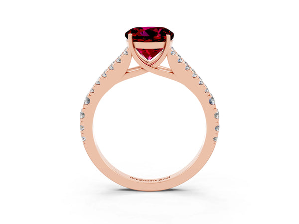 Rose gold Round Cut Garnet Split Shank Pavé Engagement Ring with Four-Prong Setting