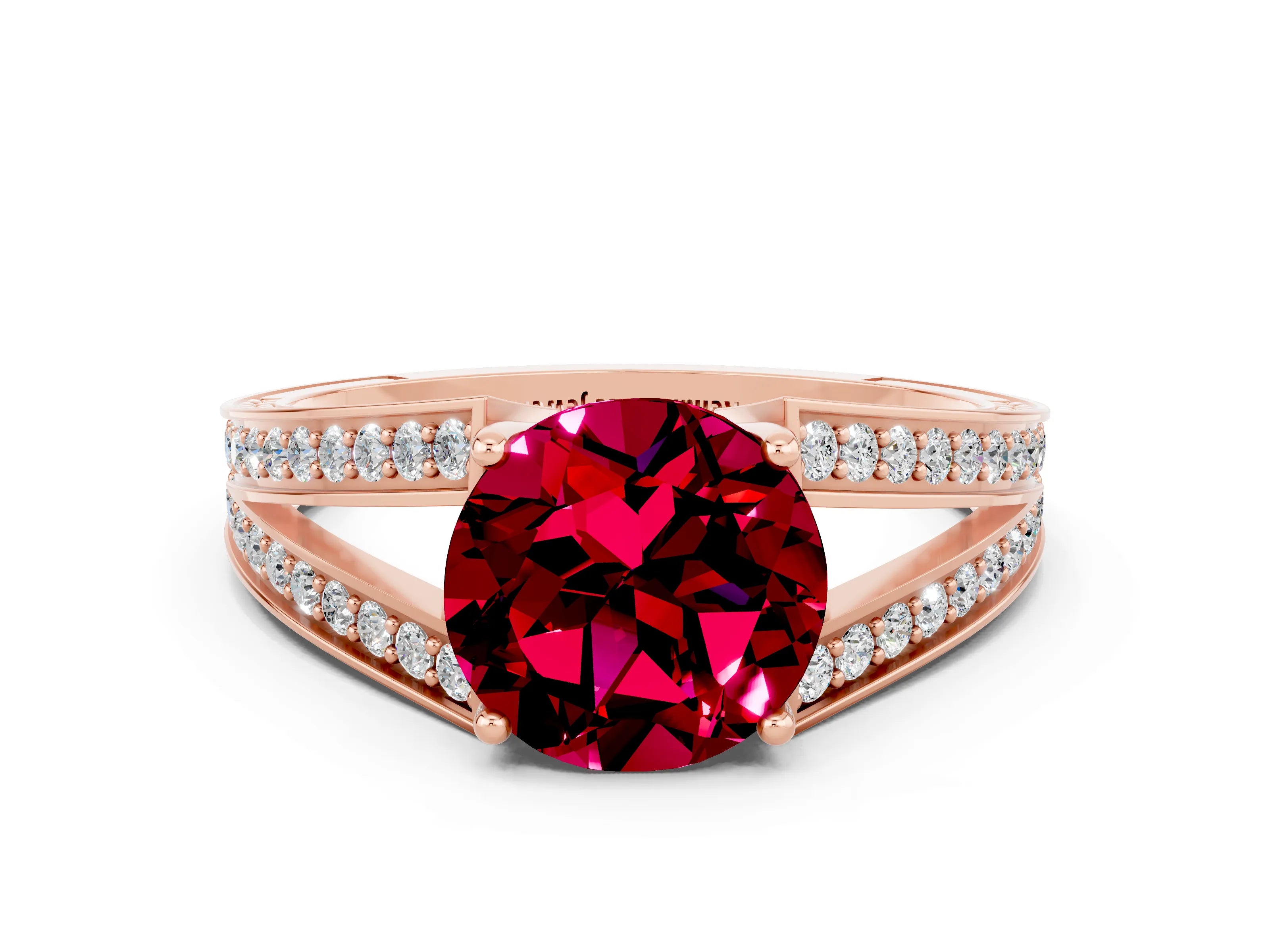 Rose gold Round Cut Garnet Split Shank Ring with Pavé Band and Four-Prong Setting