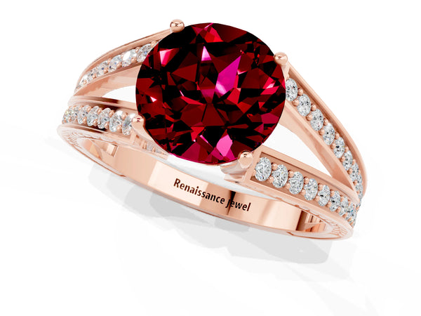 Rose gold Round Cut Garnet Split Shank Ring with Pavé Band and Four-Prong Setting