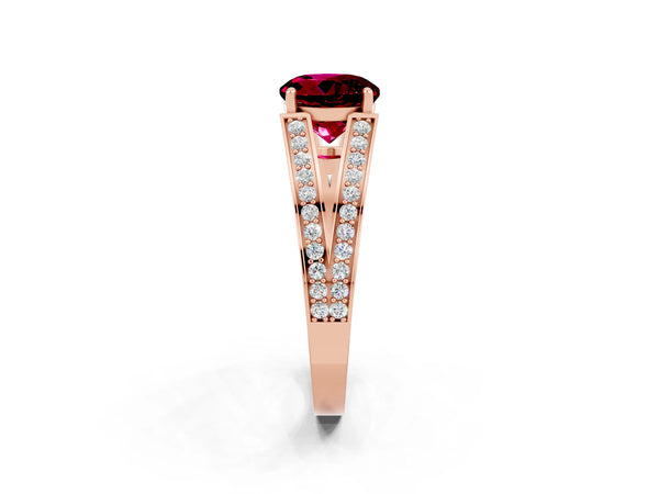 Rose gold Round Cut Garnet Split Shank Ring with Pavé Band and Four-Prong Setting