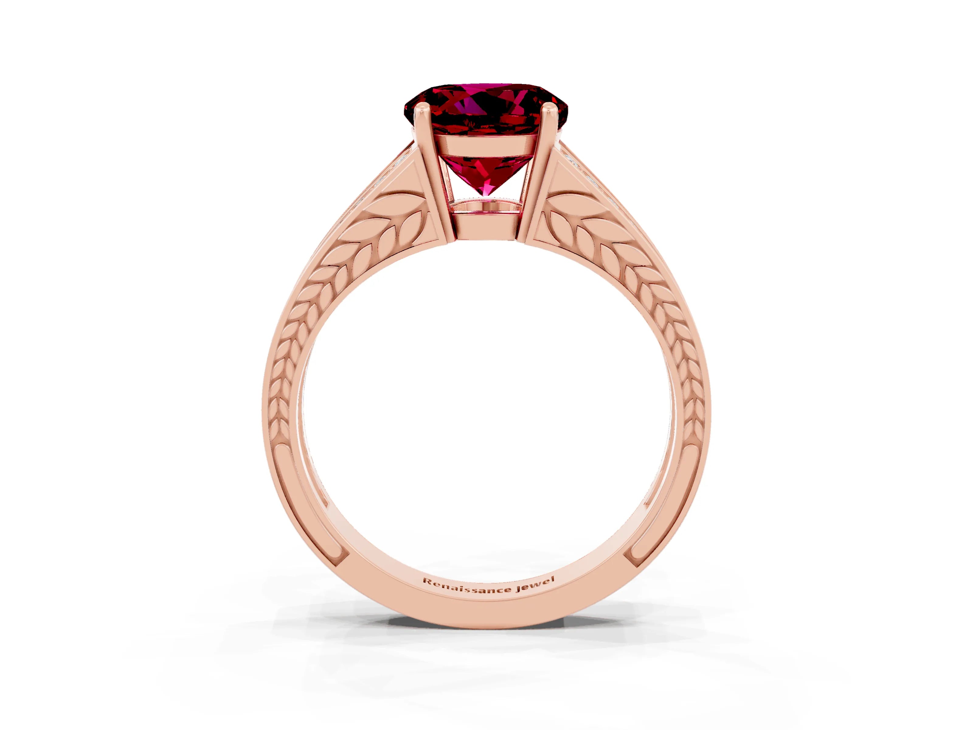 Rose gold Round Cut Garnet Split Shank Ring with Pavé Band and Four-Prong Setting_3