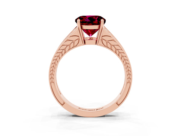 Rose gold Round Cut Garnet Split Shank Ring with Pavé Band and Four-Prong Setting