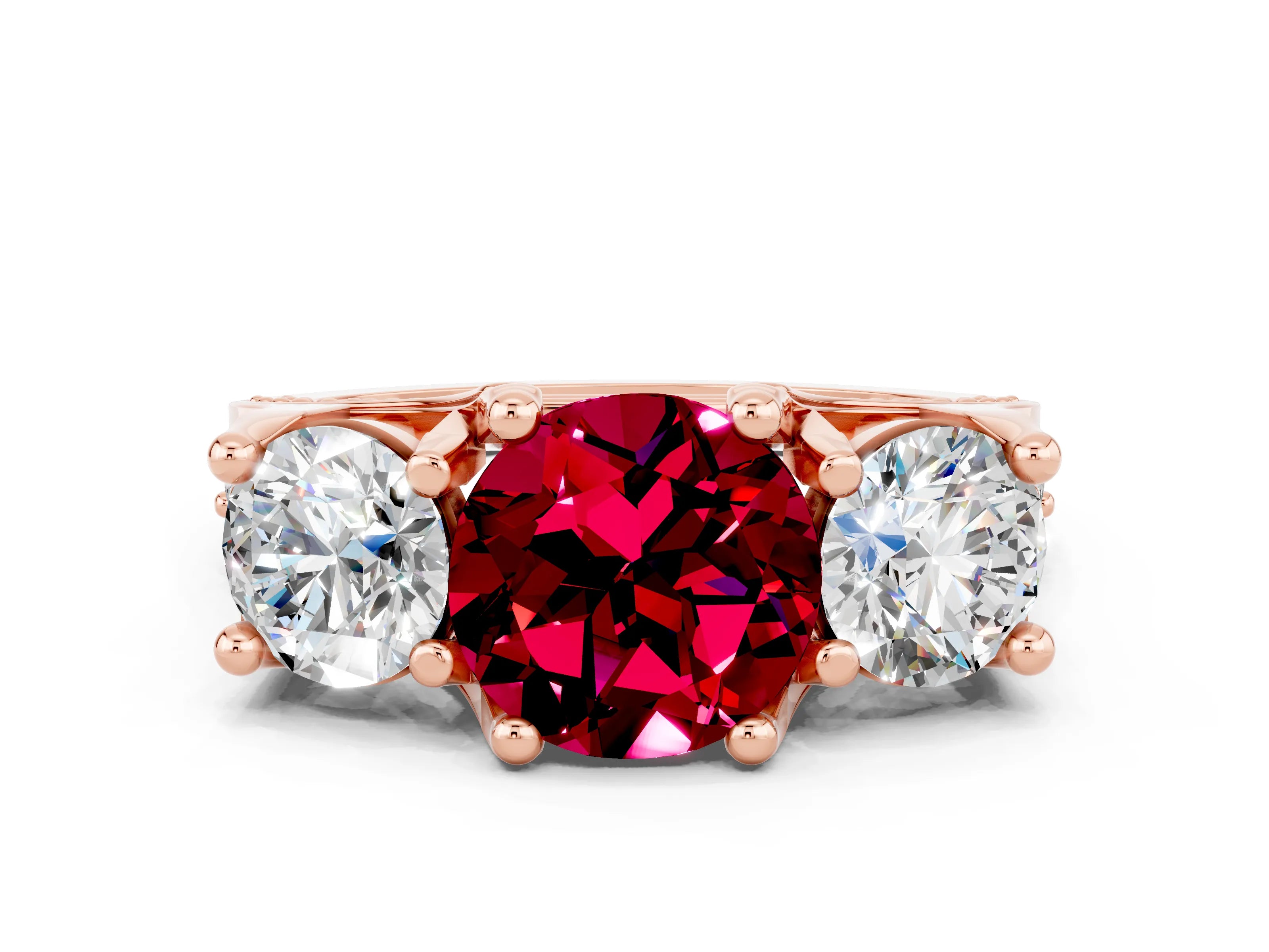 Rose gold Round Cut Garnet Three-Stone Ring with Channel Set Band and Four-Prong Setting