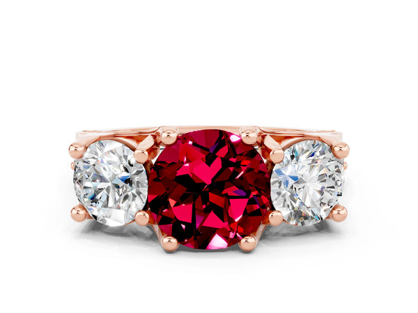 Rose gold Round Cut Garnet Three-Stone Ring with Channel Set Band and Four-Prong Setting