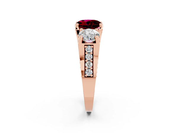 Rose gold Round Cut Garnet Three-Stone Ring with Channel Set Band and Four-Prong Setting