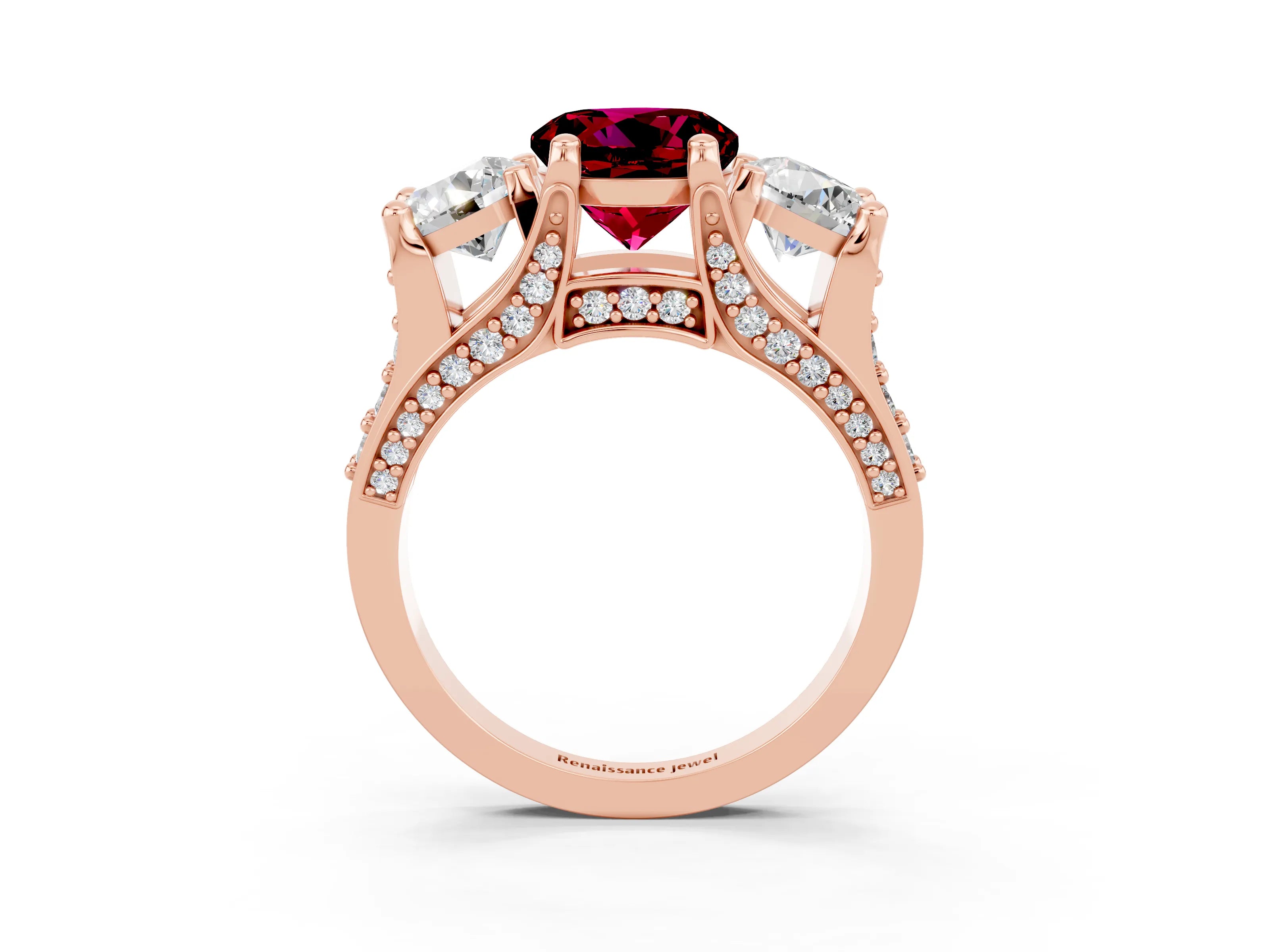 Rose gold Round Cut Garnet Three-Stone Ring with Channel Set Band and Four-Prong Setting_3