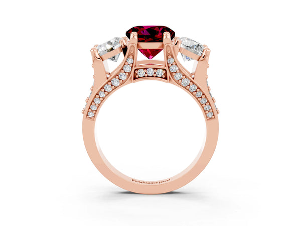 Rose gold Round Cut Garnet Three-Stone Ring with Channel Set Band and Four-Prong Setting
