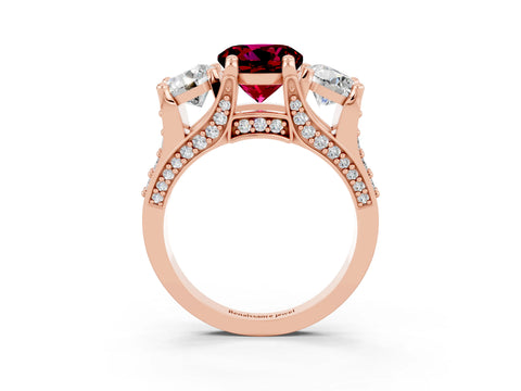 Rose gold Round Cut Garnet Three-Stone Ring with Channel Set Band and Four-Prong Setting_3
