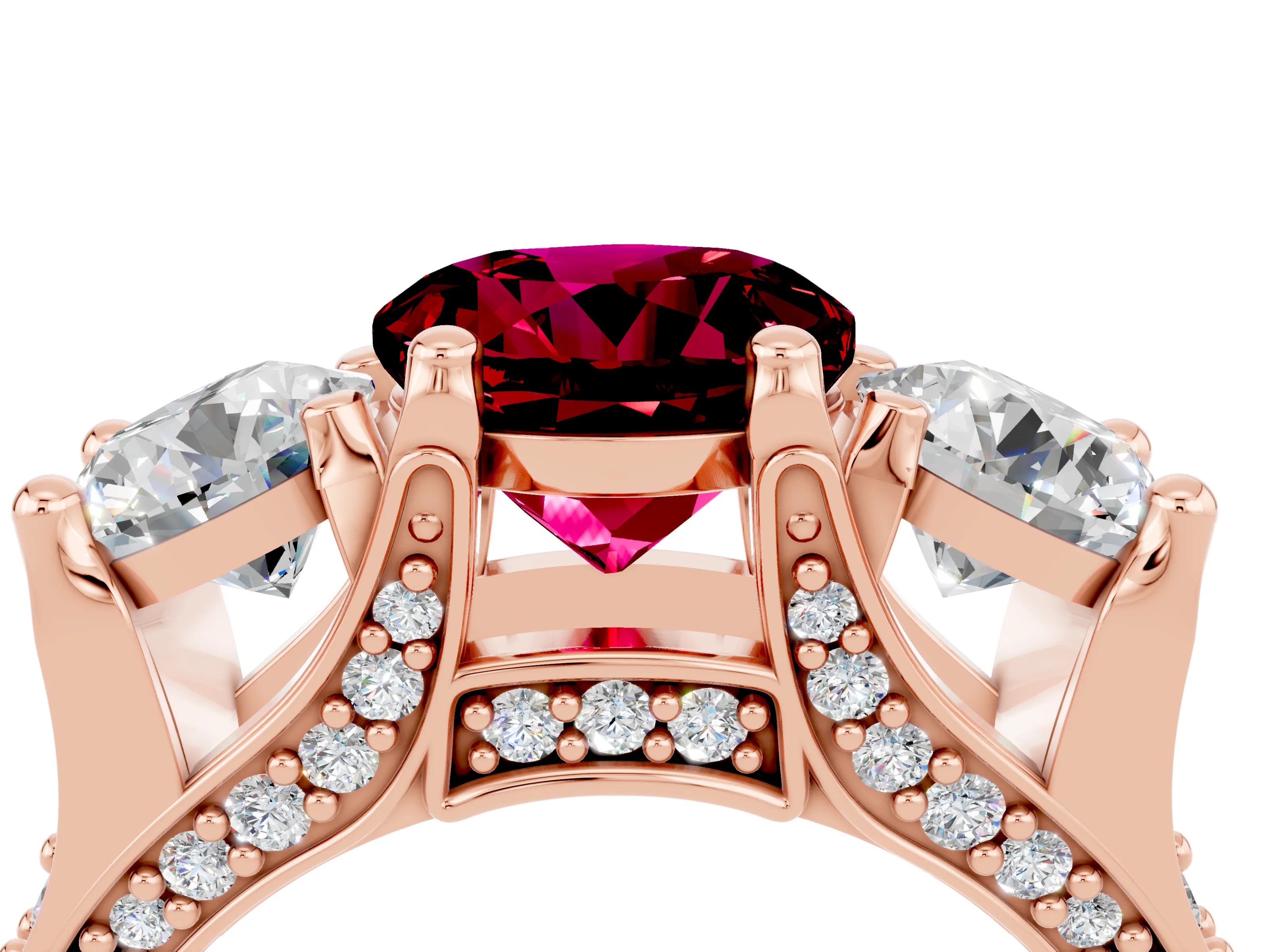 Rose gold Round Cut Garnet Three-Stone Ring with Channel Set Band and Four-Prong Setting_4