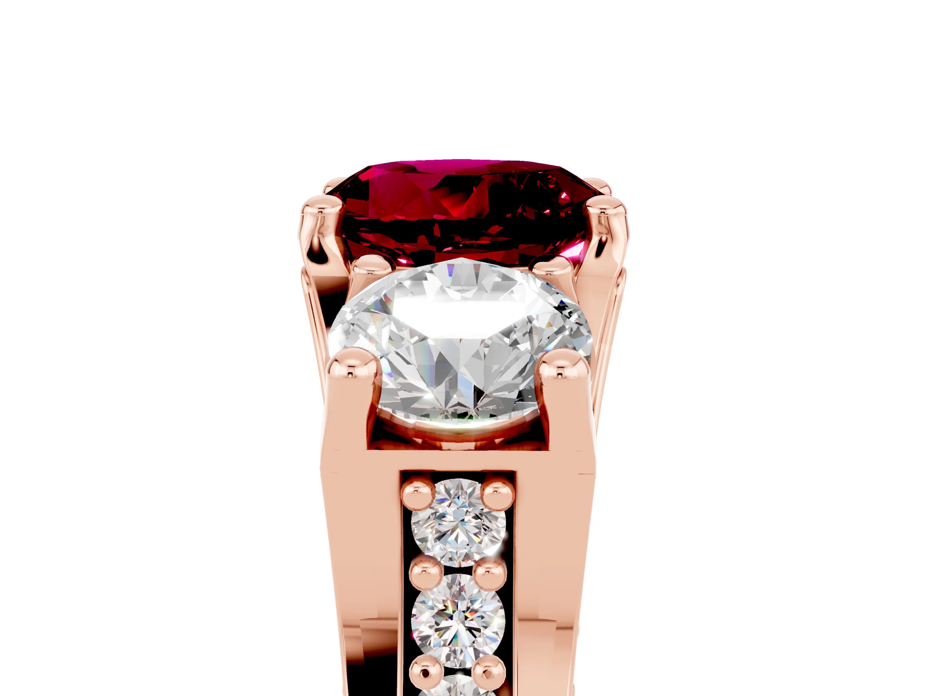 Rose gold Round Cut Garnet Three-Stone Ring with Channel Set Band and Four-Prong Setting_5
