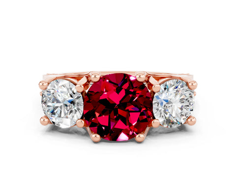 Rose gold Round Cut Garnet Three-Stone Ring with Channel Set Band and Four-Prong Setting