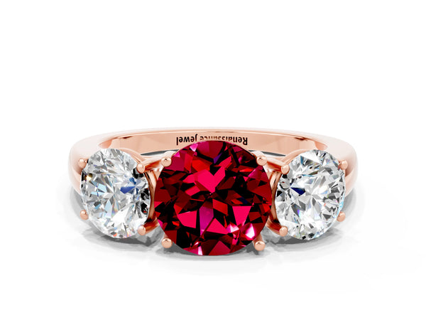 Rose gold Round Cut Garnet Three-Stone Ring with Four-Prong Setting and Classic Band