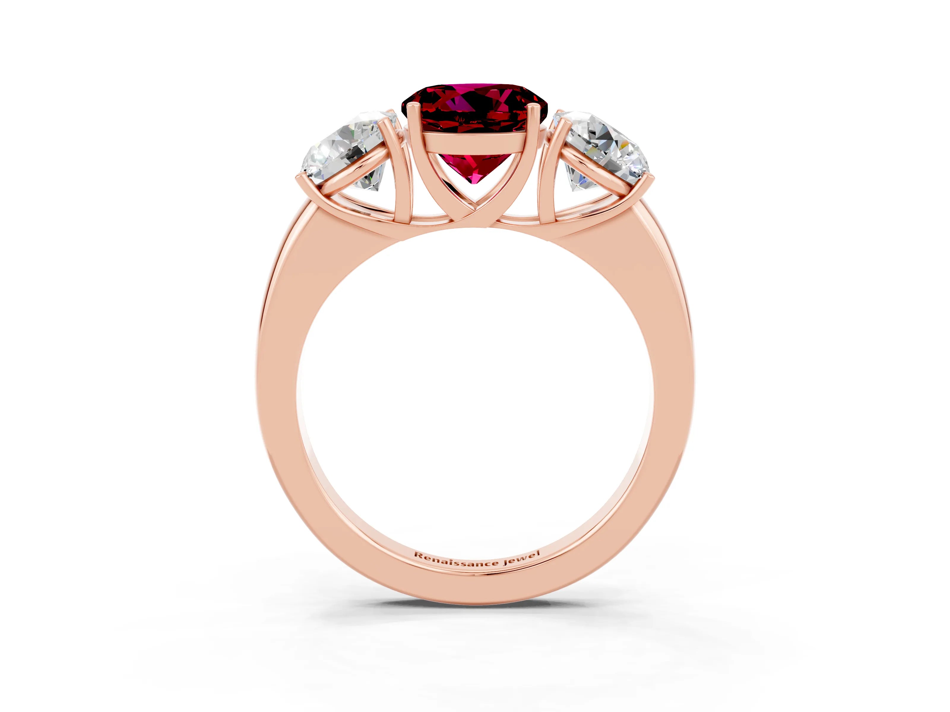 Rose gold Round Cut Garnet Three-Stone Ring with Four-Prong Setting and Classic Band_3