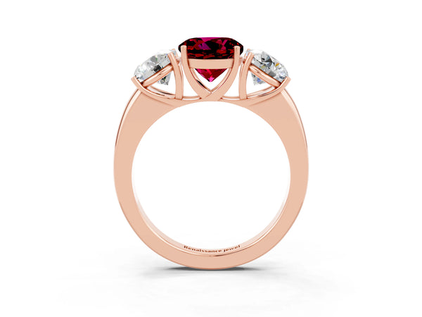 Rose gold Round Cut Garnet Three-Stone Ring with Four-Prong Setting and Classic Band