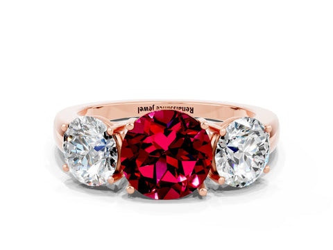Rose gold Round Cut Garnet Three-Stone Ring with Four-Prong Setting and Classic Band