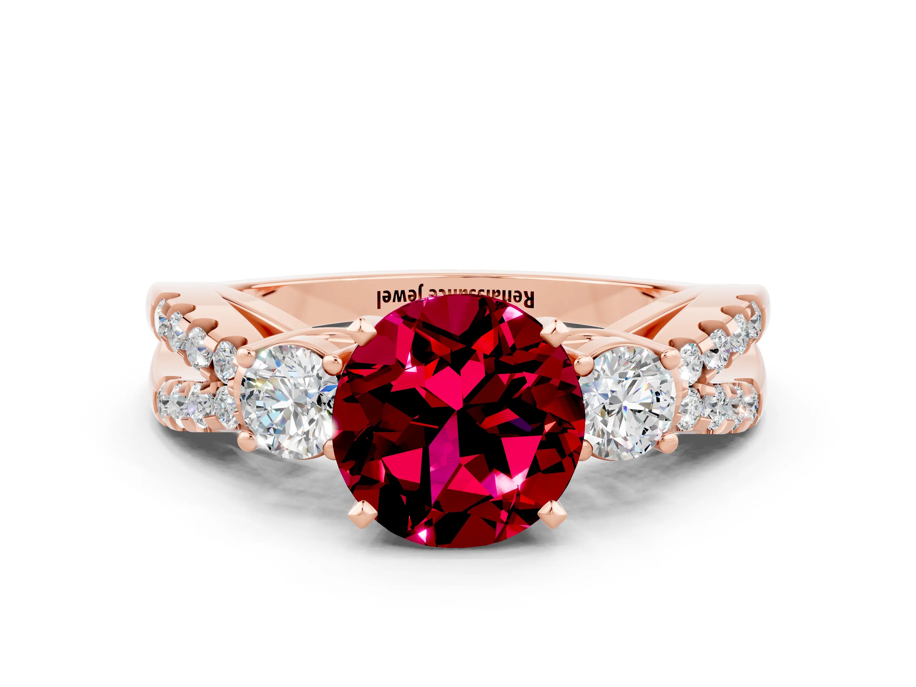 Rose gold Round Cut Garnet Three-Stone Ring with Pavé Split Shank and Four-Prong Setting