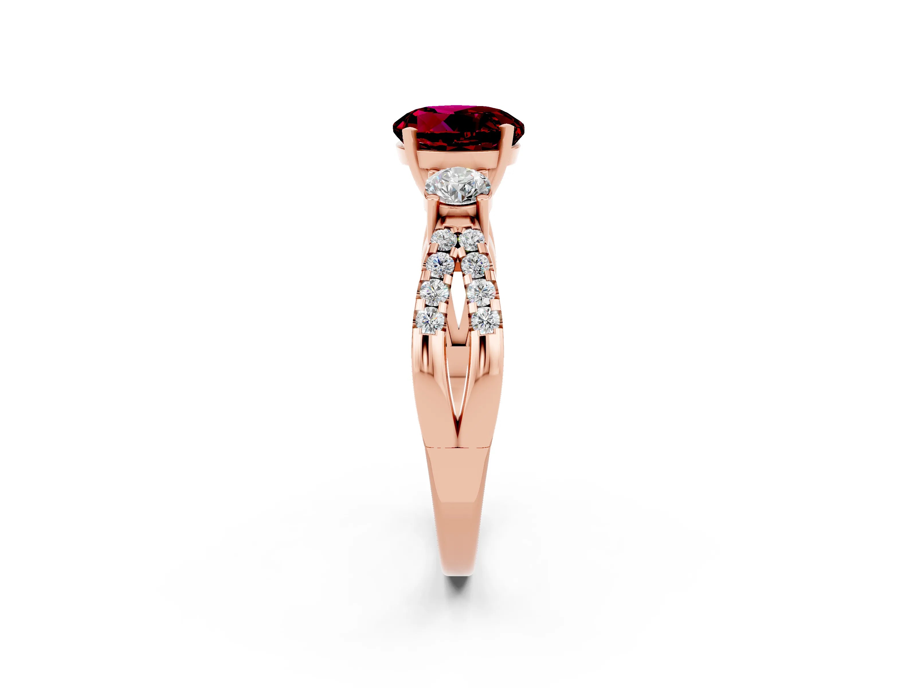 Rose gold Round Cut Garnet Three-Stone Ring with Pavé Split Shank and Four-Prong Setting_2