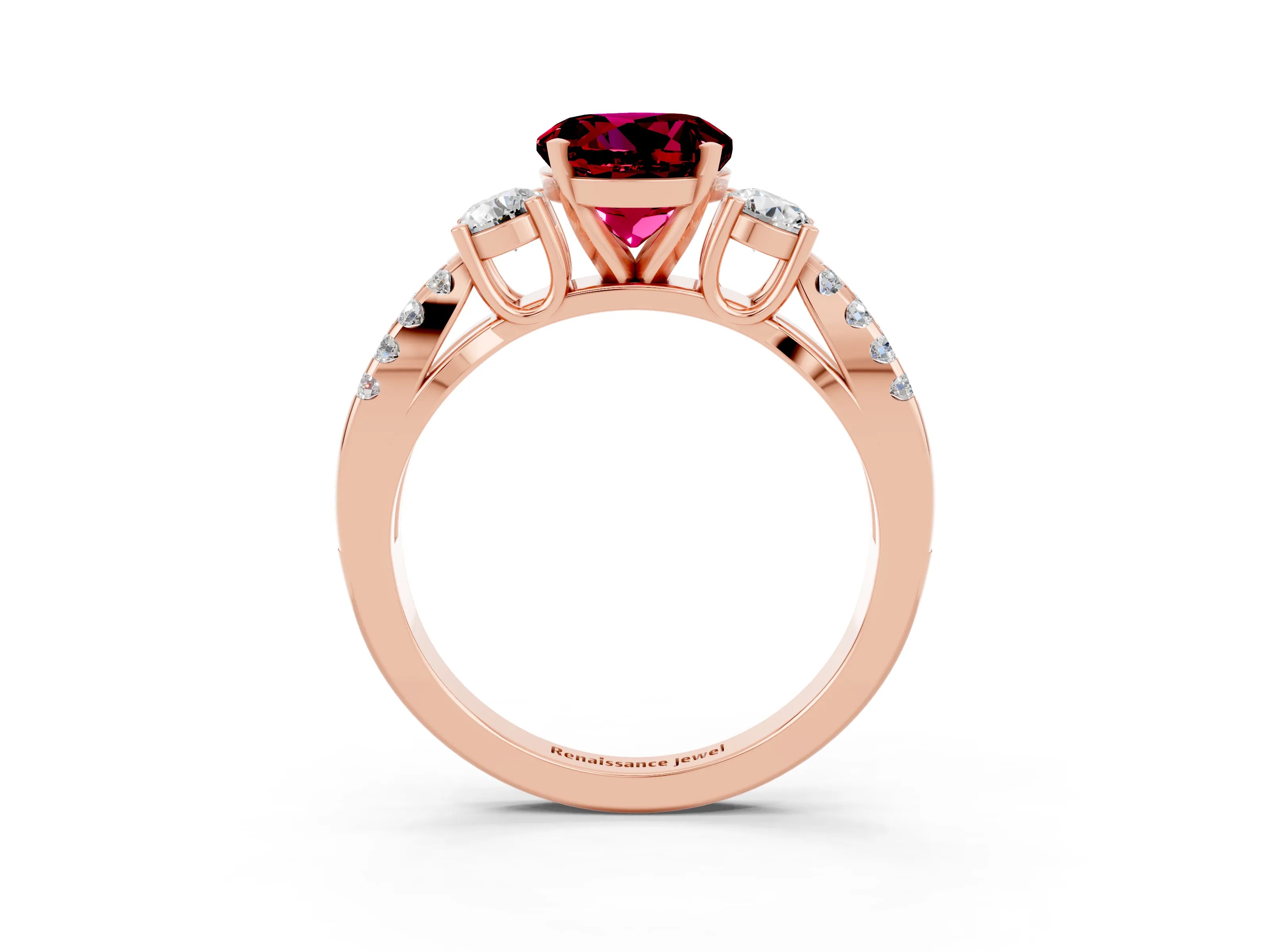 Rose gold Round Cut Garnet Three-Stone Ring with Pavé Split Shank and Four-Prong Setting_3