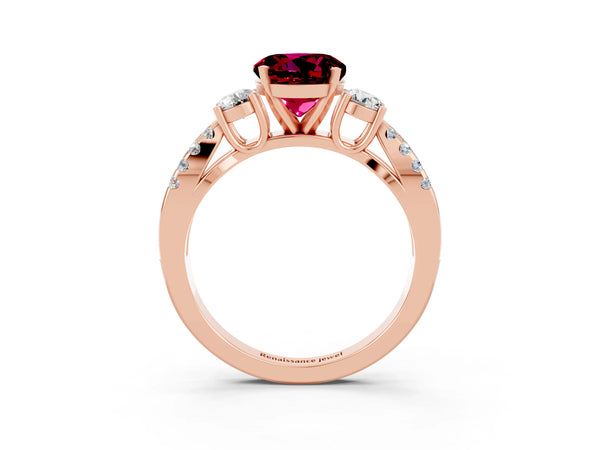 Rose gold Round Cut Garnet Three-Stone Ring with Pavé Split Shank and Four-Prong Setting