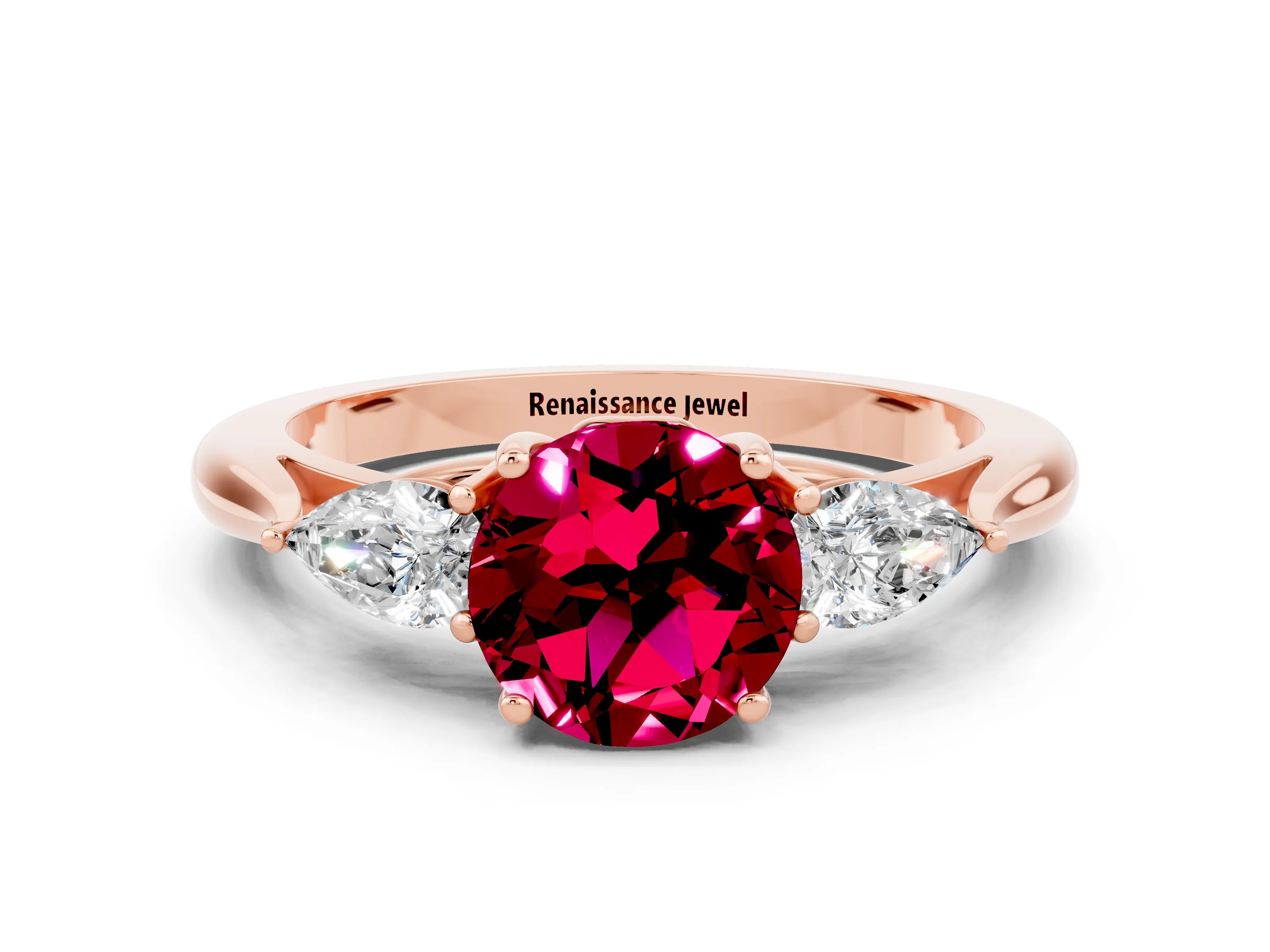Rose gold Round Cut Garnet Three-Stone Ring with Pear Side Stones and Four-Prong Setting_12