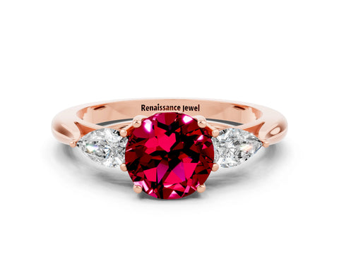 Rose gold Round Cut Garnet Three-Stone Ring with Pear Side Stones and Four-Prong Setting_12