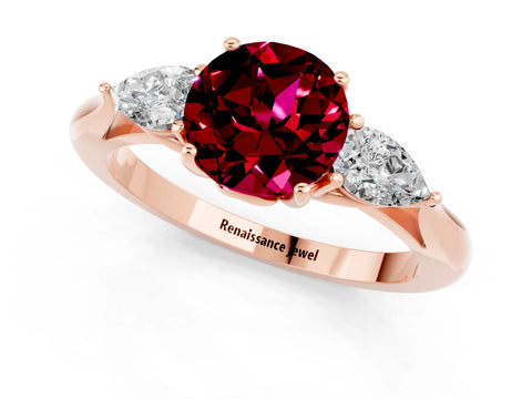 Rose gold Round Cut Garnet Three-Stone Ring with Pear Side Stones and Four-Prong Setting_13