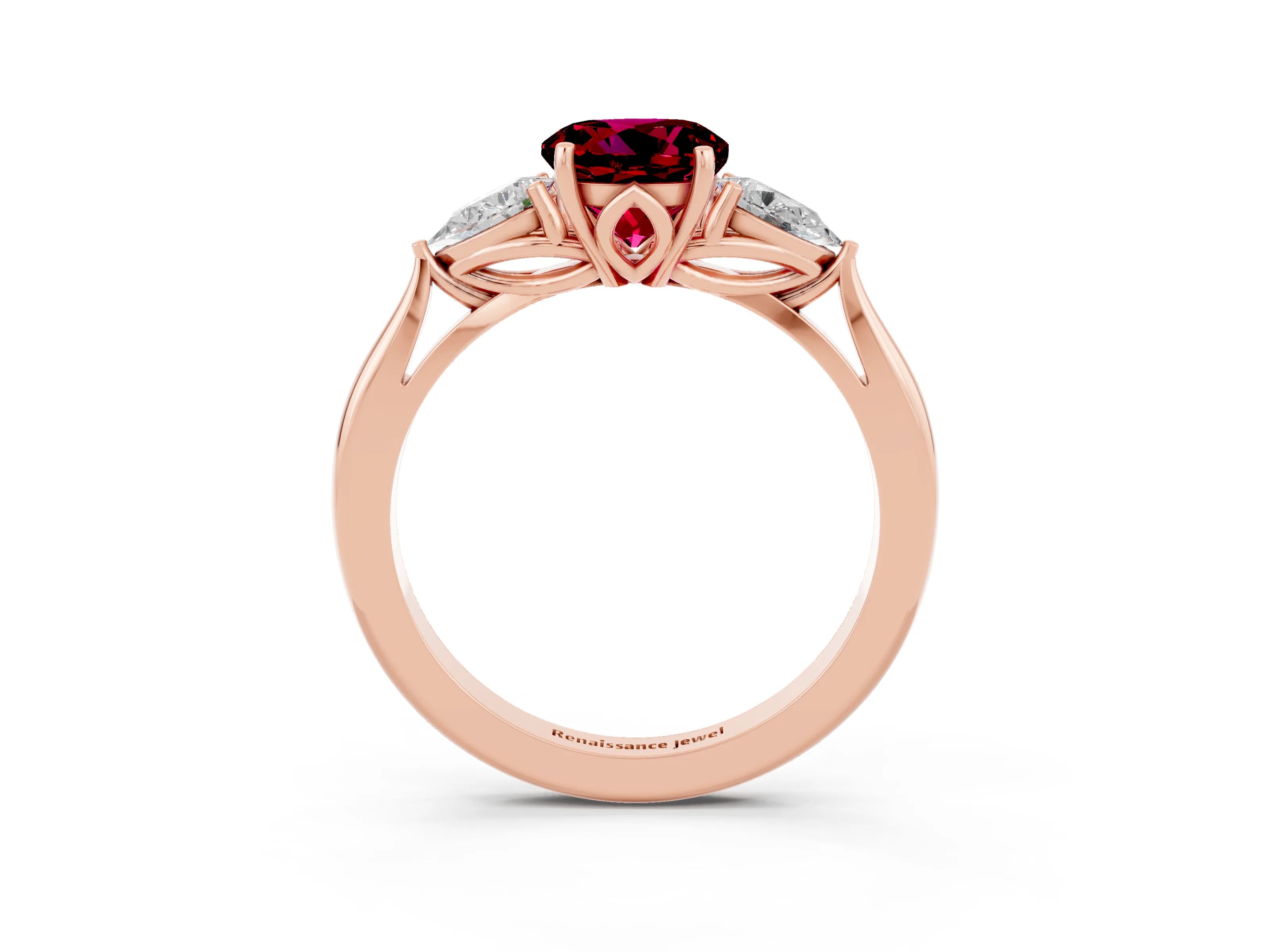 Rose gold Round Cut Garnet Three-Stone Ring with Pear Side Stones and Four-Prong Setting_15