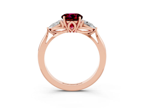 Rose gold Round Cut Garnet Three-Stone Ring with Pear Side Stones and Four-Prong Setting_15