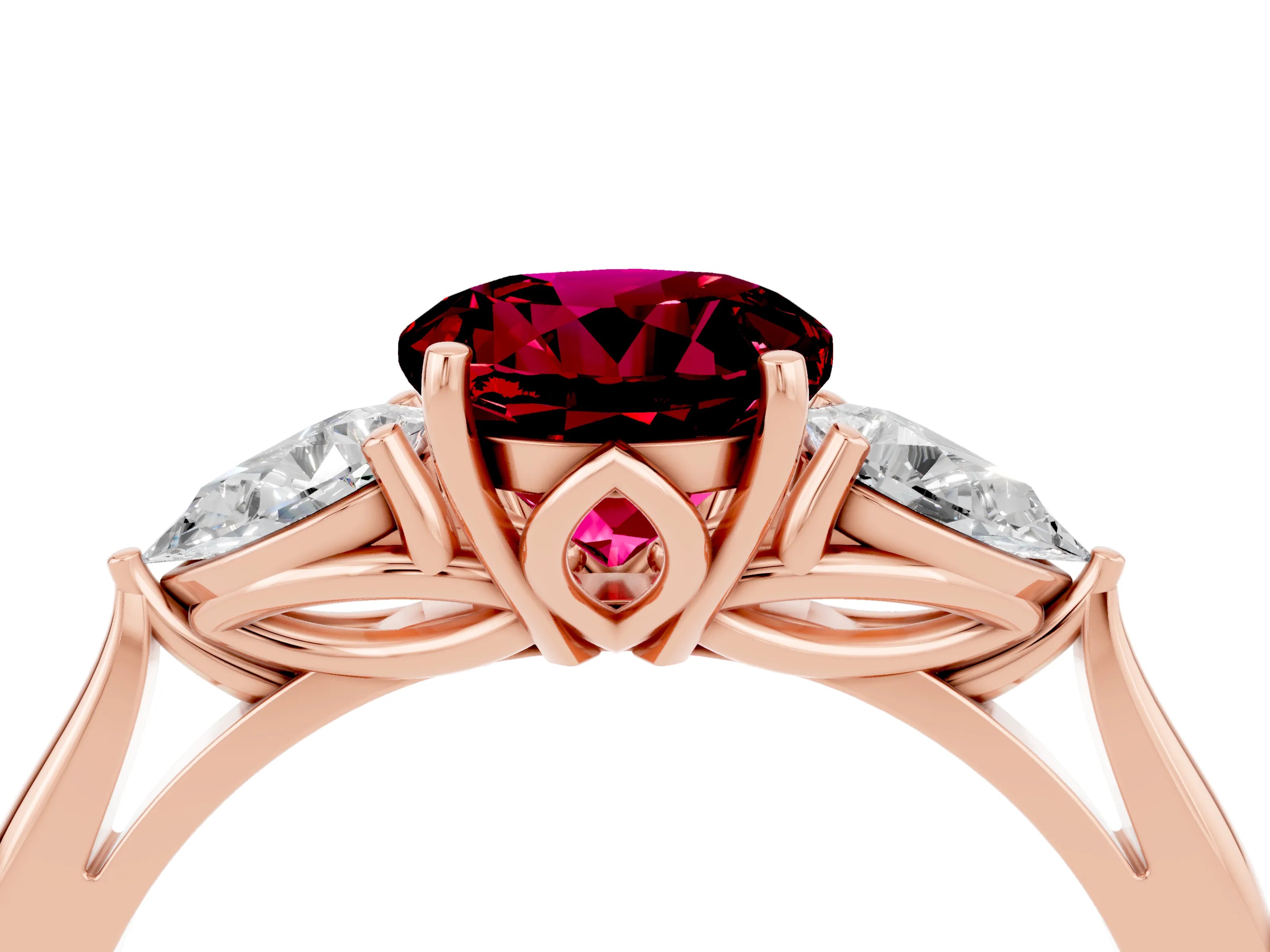 Rose gold Round Cut Garnet Three-Stone Ring with Pear Side Stones and Four-Prong Setting_16