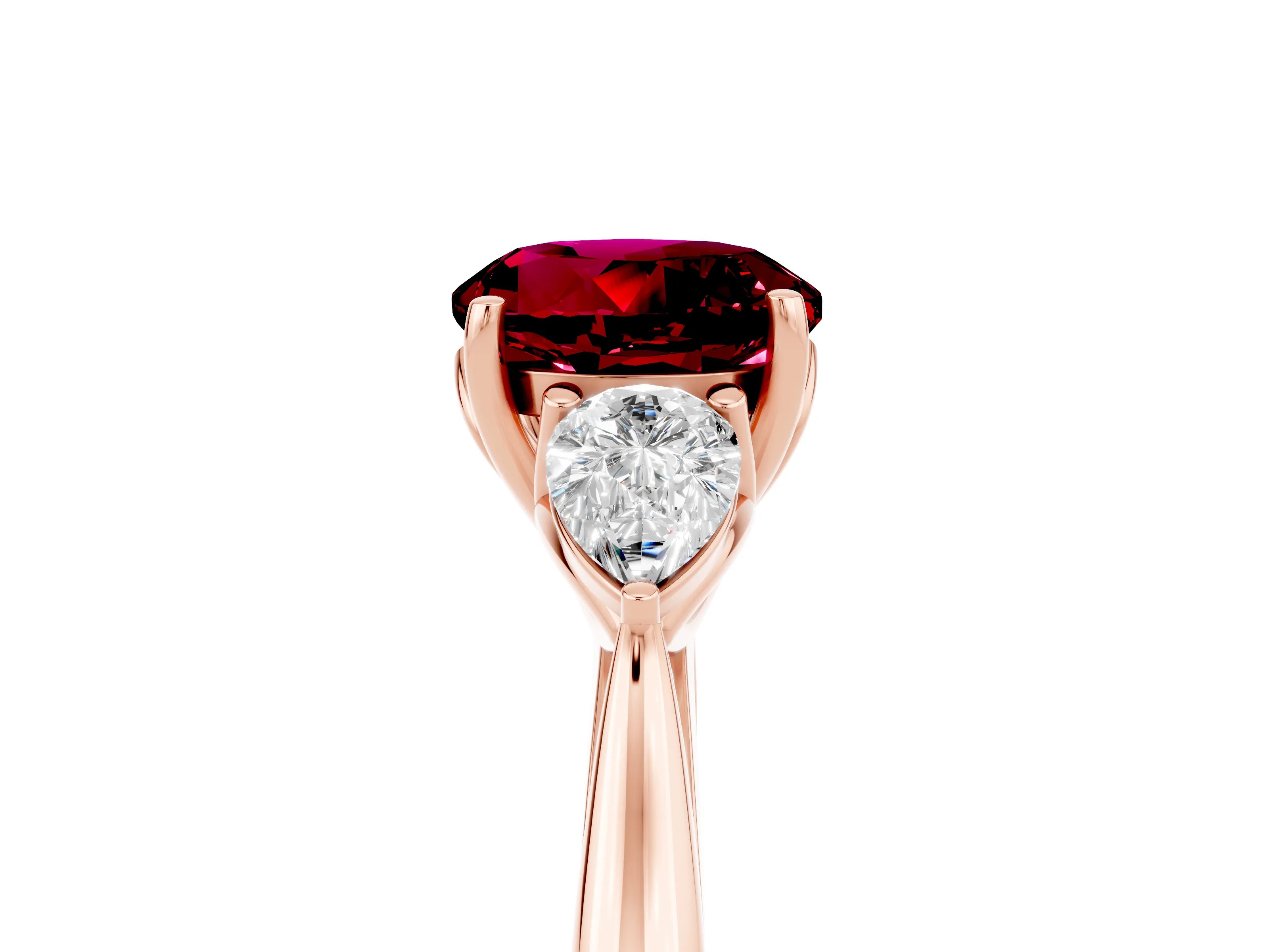 Rose gold Round Cut Garnet Three-Stone Ring with Pear Side Stones and Four-Prong Setting_17