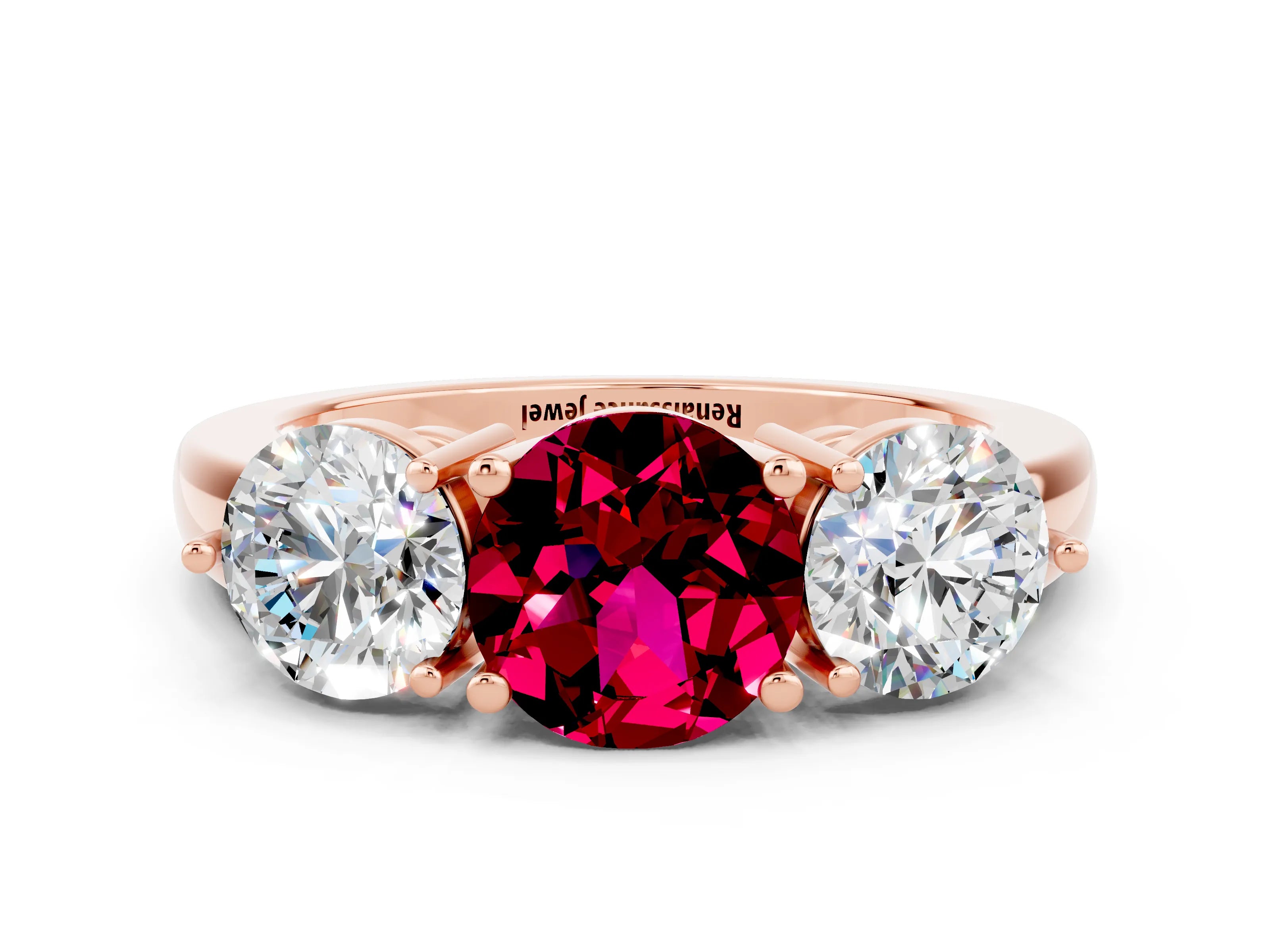 Rose gold Round Cut Garnet Three-Stone Ring with Prong Setting and Classic Band