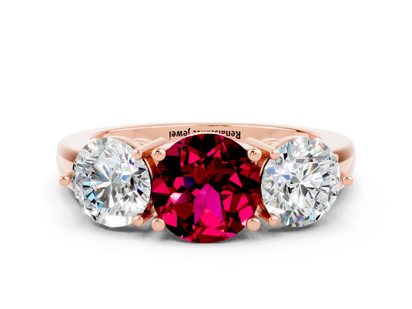 Rose gold Round Cut Garnet Three-Stone Ring with Prong Setting and Classic Band