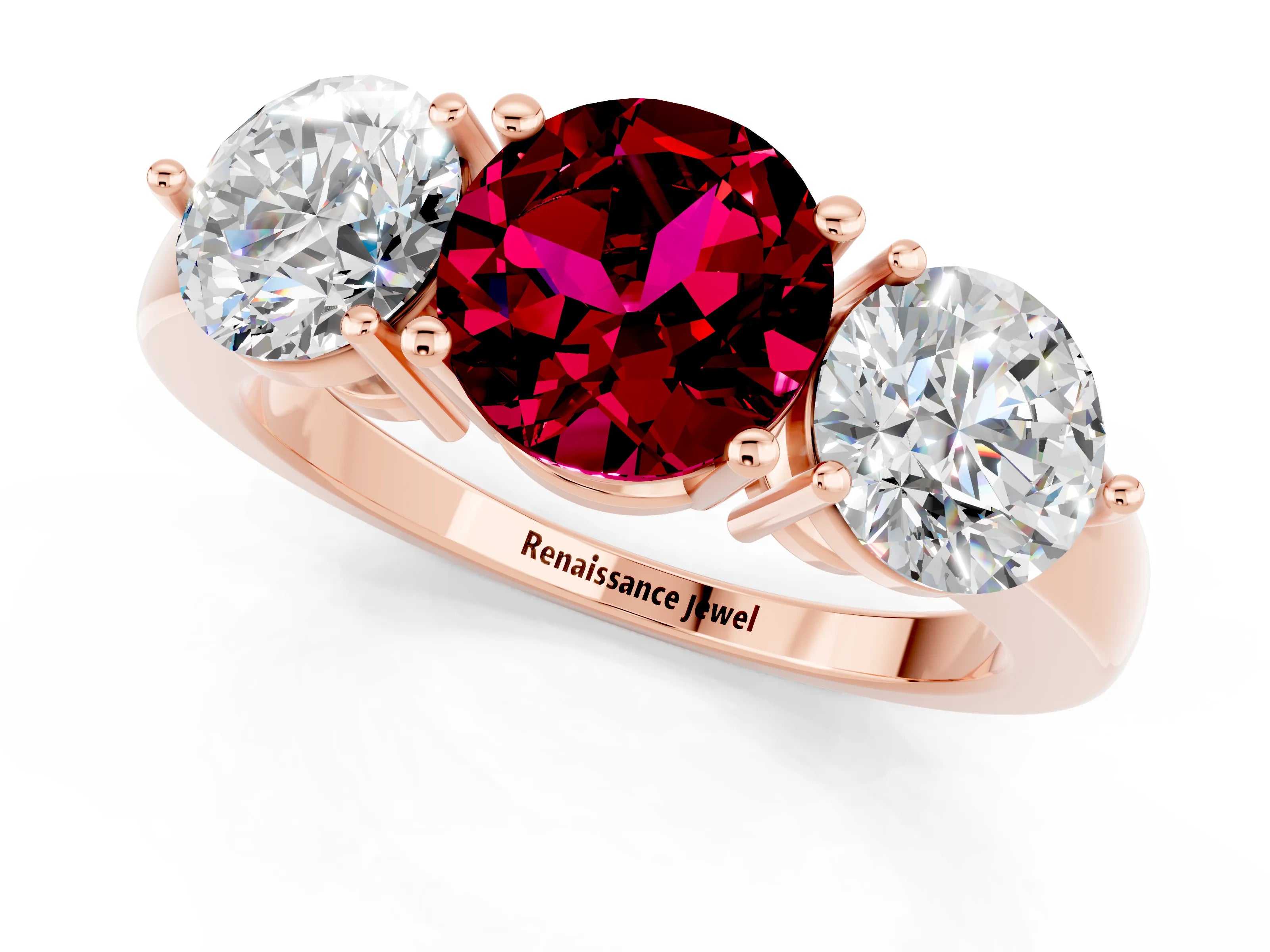 Rose gold Round Cut Garnet Three-Stone Ring with Prong Setting and Classic Band_1
