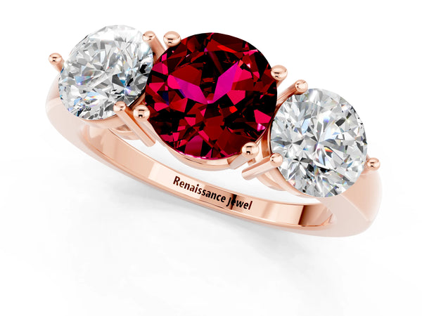 Rose gold Round Cut Garnet Three-Stone Ring with Prong Setting and Classic Band