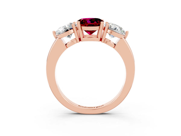 Rose gold Round Cut Garnet Three-Stone Ring with Prong Setting and Classic Band