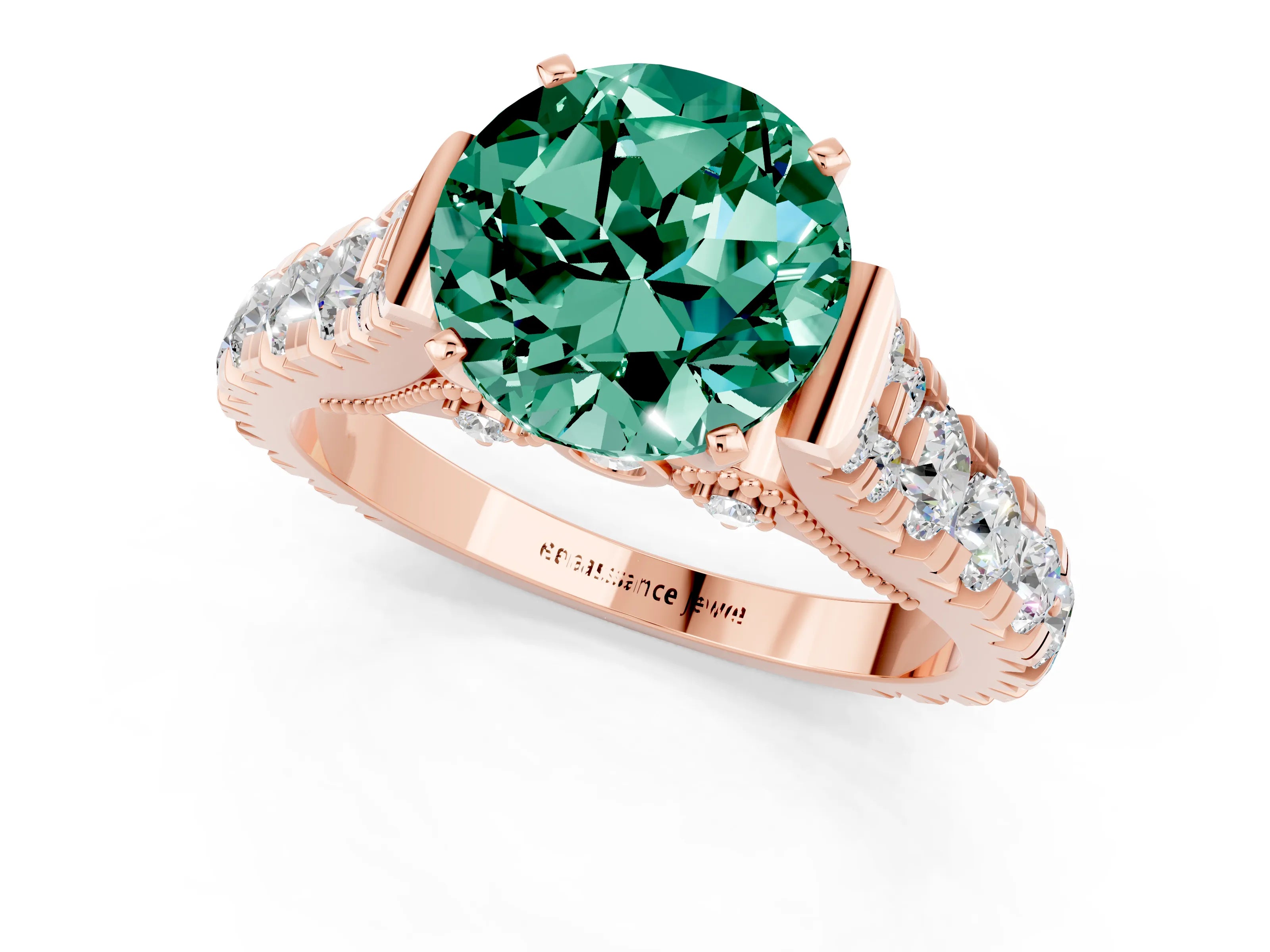 Rose gold Round Cut Green Sapphire Classic Solitaire Ring with Pavé Band and Four-Prong Setting_1