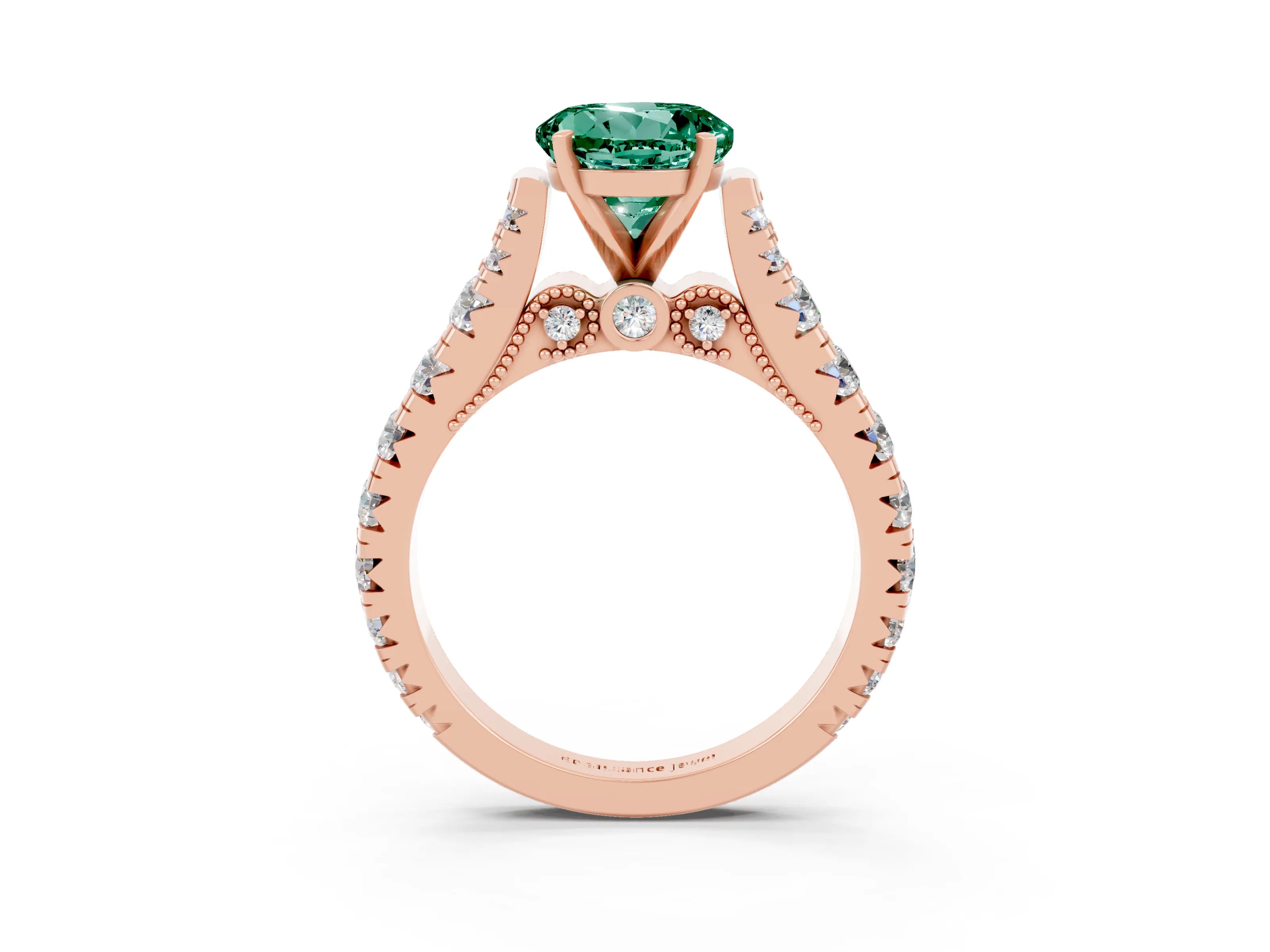 Rose gold Round Cut Green Sapphire Classic Solitaire Ring with Pavé Band and Four-Prong Setting_3