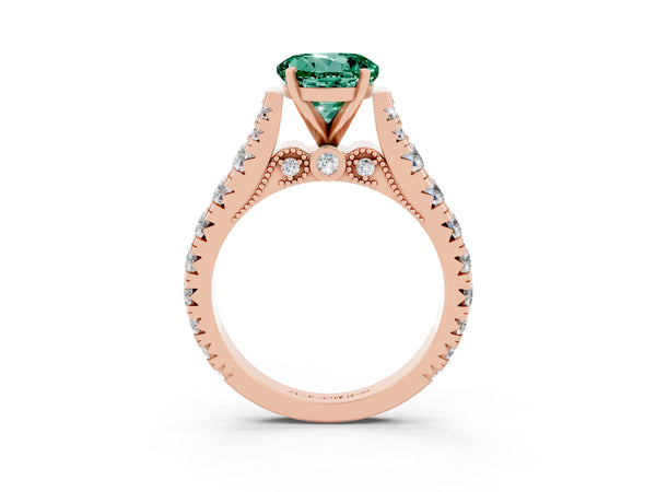 Rose gold Round Cut Green Sapphire Classic Solitaire Ring with Pavé Band and Four-Prong Setting