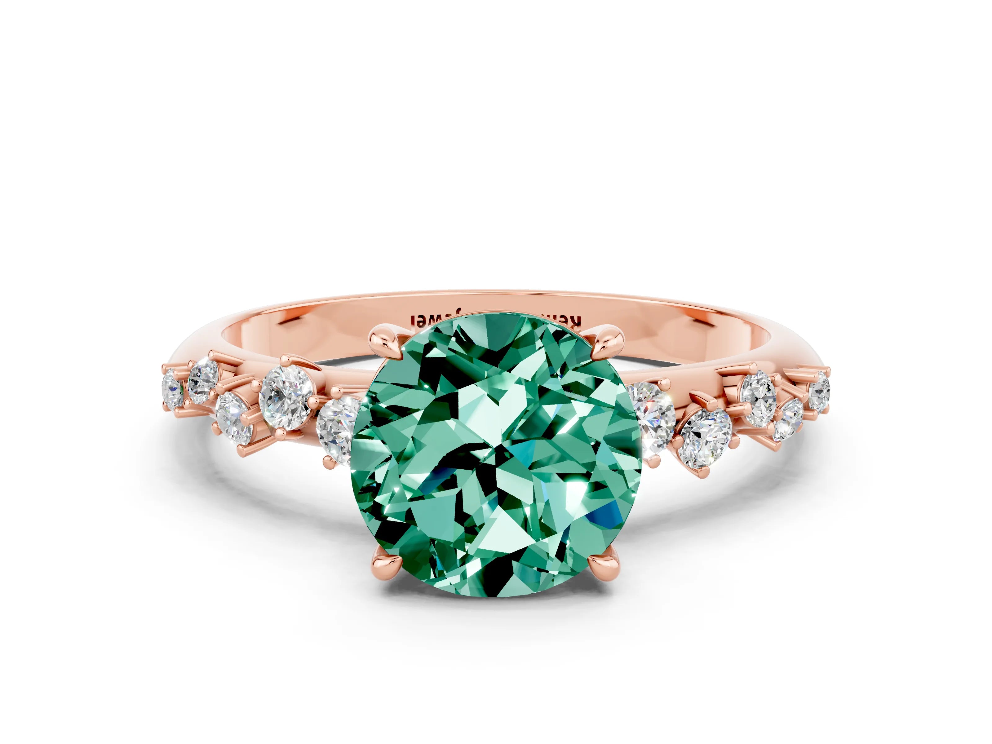 Rose gold Round Cut Green Sapphire Cluster Side Stone Solitaire Ring with Prong Setting_24