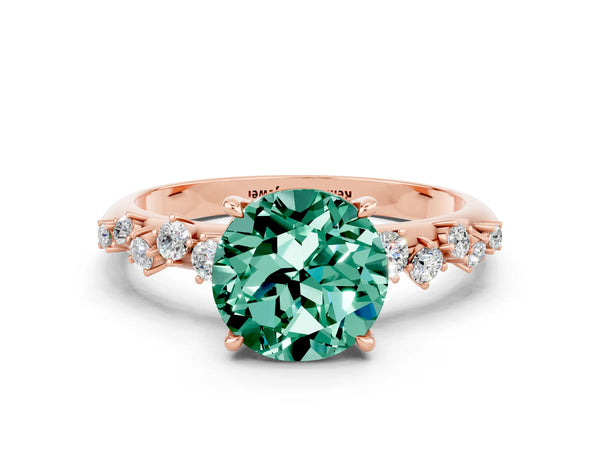 Rose gold Round Cut Green Sapphire Cluster Side Stone Solitaire Ring with Prong Setting